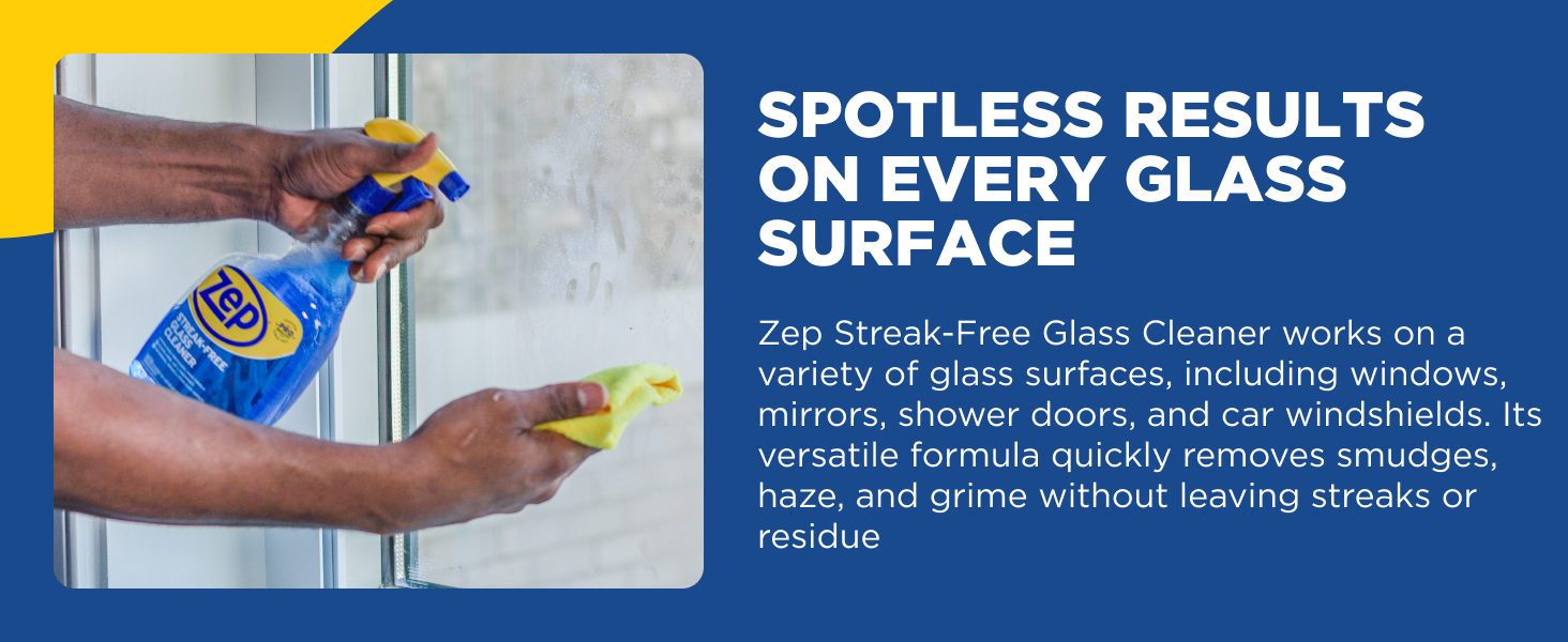 Zep Streak-Free Glass Cleaner works on a variety of glass surfaces