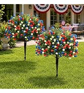 DTNESS 2 Pack 27.5" Patriotic Artificial Flowers w/Stake for 4th of July | Red White Blue Petunia...