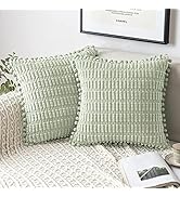 MIULEE Light Green Corduroy Decorative Throw Pillow Covers Pack of 2 Pom-pom Soft Boho Striped Pi...