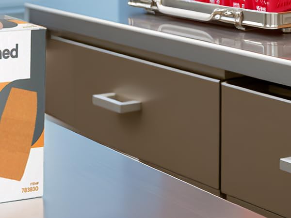 A product on a wooden table surrounded by medical supplies.