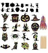 CCINEE 80pcs Halloween Theme Scratch Paper Rainbow Scratch Art Paper Craft Kit with 12pcs Wooden ...