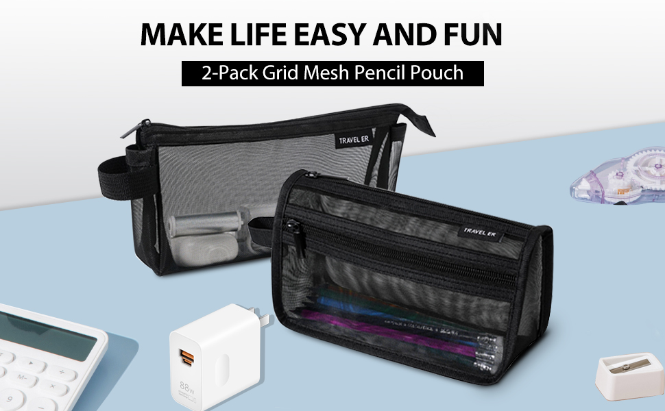 2 Pack of Black Nylon Net Zipper Pencil Cases with Handles,Breathable and Durable.