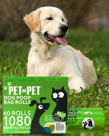 Text reads 'PET PET DOG POOP BAG ROLLS', '60 ROLLS', '1080'. Green packaging for dog waste bags displayed with cream-colored Labrador on grass background.