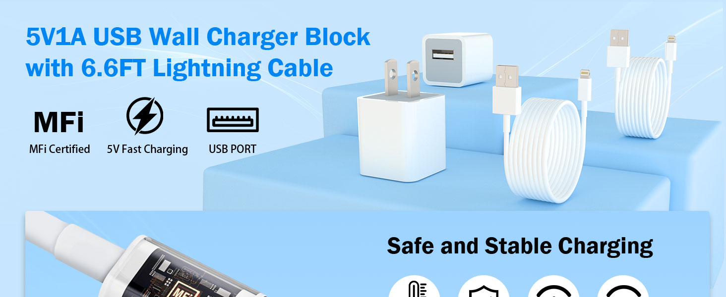 5V1A USB wall charger block weith 6.6ft lightning cable