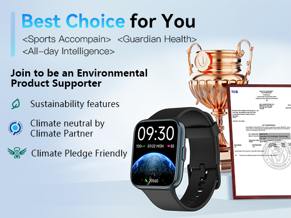Text reads 'Best Choice for You', 'All-day Intelligence', 'Sports Accompany', 'Guardian Health'. Product promotion showing various icons and interface elements with timestamp '09:30'.