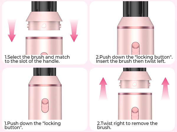 Instructional diagram showing brush assembly steps: '1.Select the brush and match to the slot of the handle', '2.Push down the "locking button"', steps shown with pink arrows on rose gold beauty tool.