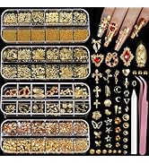 Teenitor Gold Nail Charms and Gems Set, 4 Boxes Nail Gems Nail Pearls Nail Art Tools, 3D Cross Na...
