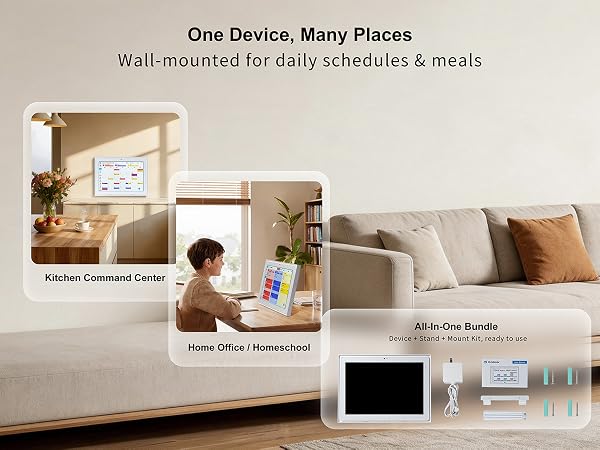 Three usage scenes and full accessory bundle for the smart family calendar