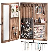 Keebofly Wall Mounted Jewelry Organizer Box Rustic Wood Large Space Jewelry Cabinet Holder Jewelr...