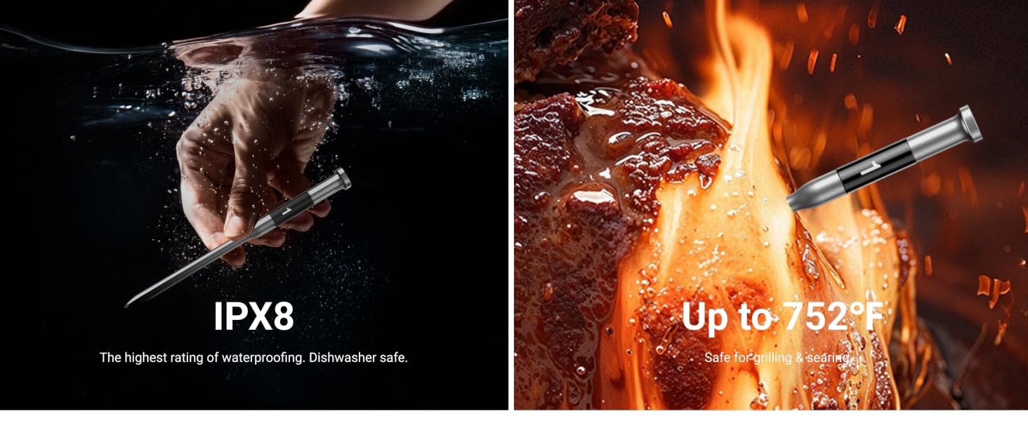 IPX8 waterproof dishwasher safe track internal temperature up to 221°F and the ambient up to 752°F