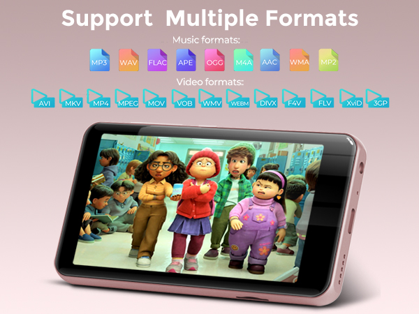 Text reads 'Support Multiple Formats'. Images showing tablet device displaying colorful animated characters with multiple format icons below.