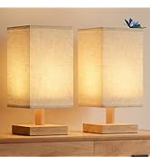 Oizuon Small Table Lamp Set of 2, Round Short Bedside Lamps 2700K Warm LED with Linen Shade & Woo...