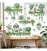 decalmile Green Pot Plants Wall Stickers Tropical Leaf Hanging Vines Leaves Bird Wall Decals Livi...