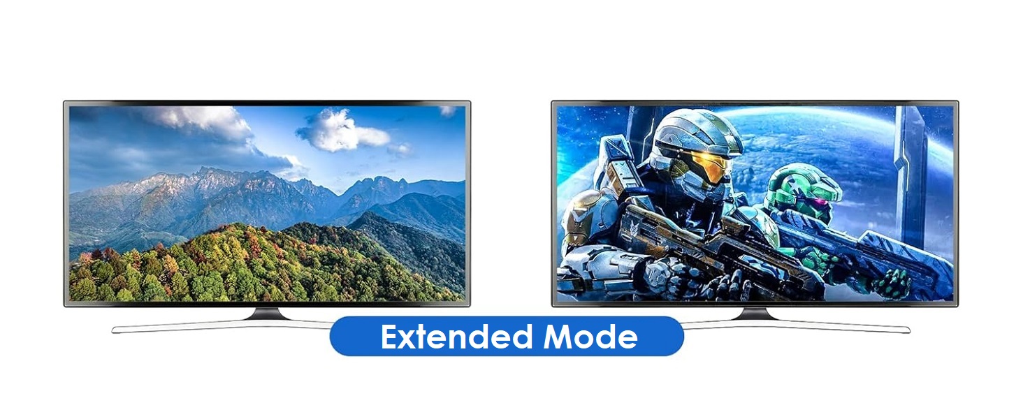 Two flat-screen TVs displaying different scenes: mountain landscape and sci-fi battle. Text 'Extended Mode' indicates a feature comparison.