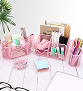 17 in 1 Pink Desk Organizers and Accessories Set, 3 Office Desk Supplies Storage Organization, 4 ...