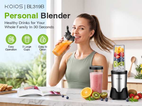 KOIOS BL319B personal blender with 3 cups, make healthy smoothies easily for busy mornings