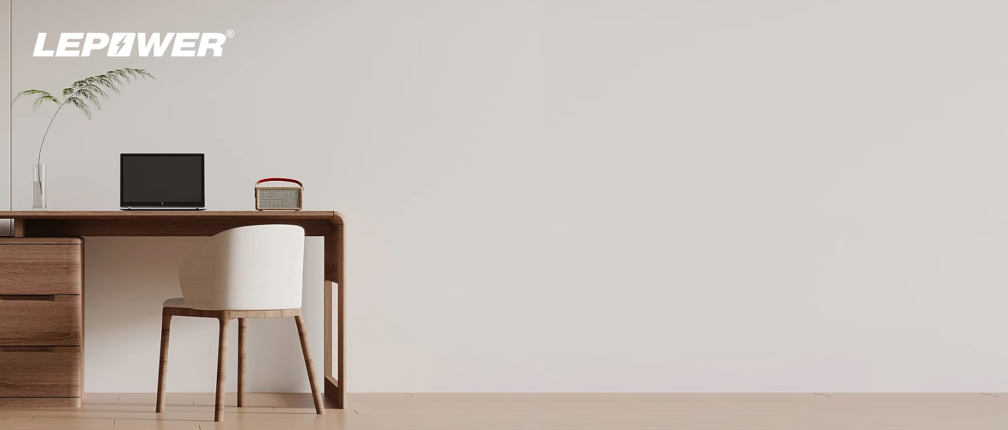 Text reads 'LEPPOWER'. Interior home office scene with wooden desk, white chair, and minimalist wall decor.