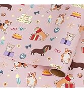 RayofSun Dog Wrapping Paper Roll Gold Foil Happy Birthday Pink Gift Wrapping Paper for Boys Girls...