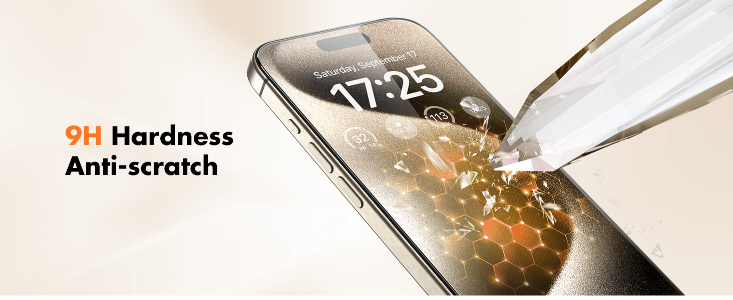 Smartphone screen with 9H hardness anti-scratch protection, demonstrated by a hammer striking the display without causing damage.