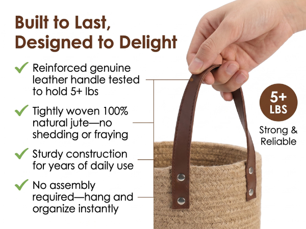 Close-up of woven jute texture and reinforced leather hanging loop with detailed stitching.
