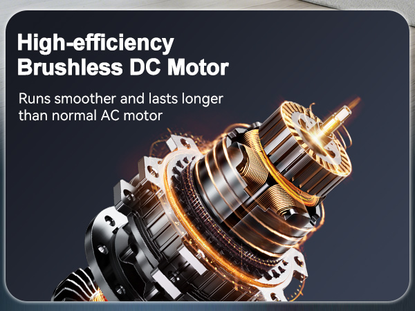 Text reads 'High-efficiency Brushless DC Motor' and 'Runs smoother and lasts longer than normal AC motor'. Technical diagram showing internal components of motor in gold and silver.