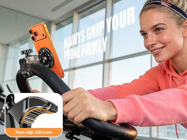 clamp with a textured silicone lining on the inside, allowing it to grip the handlebars firmly