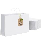 MESHA Large Gift Bags 16x6x12'' 50pcs, White Paper Bags With Handles Bulk,Kraft Shopping Bags Reu...