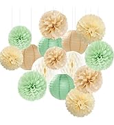 Sage Green-Boho Party-Decorations Paper-Flowers Lanterns - 15PCS Safari Rustic Neutral Baby Showe...