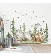 Supzone Woodland Animals Wall Stickers Watercolor Forest Mountain Tree Wall Decals Bear Deer Fox ...