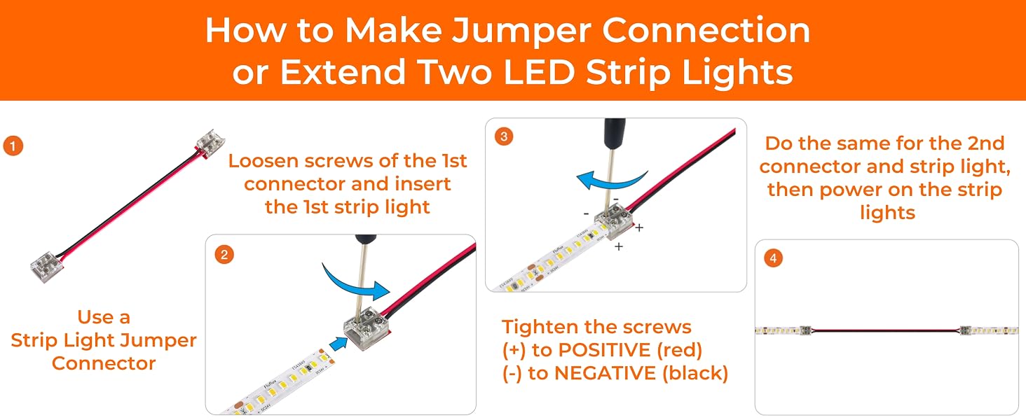 Extend 2PCS 2835 LED strip lights by using 2-pin jumper connector with step-by-step wiring guide
