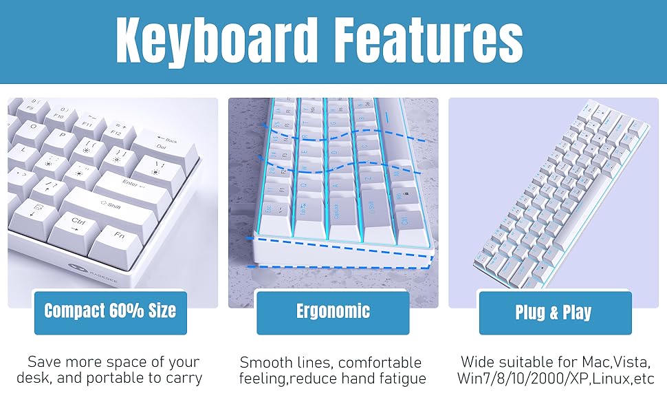 60% white mechanical keyboard with blue backlit both for gaming and office