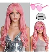 PLULON Pink Long Curly Wavy Wigs with Heart Sunglasses for Women, Crazy Funny Party Colorful Curl...