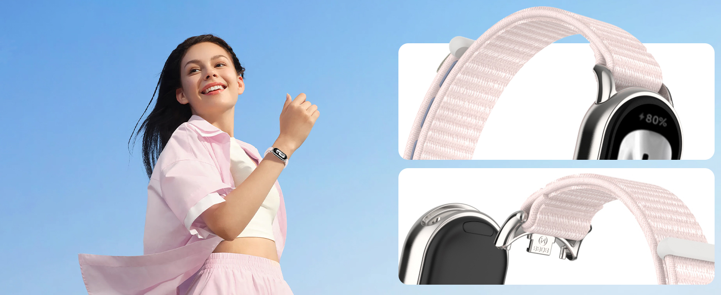 Smartwatch with light pink woven band. Close-up views show silver case and clasp details. Main image depicts a person wearing the watch outdoors.