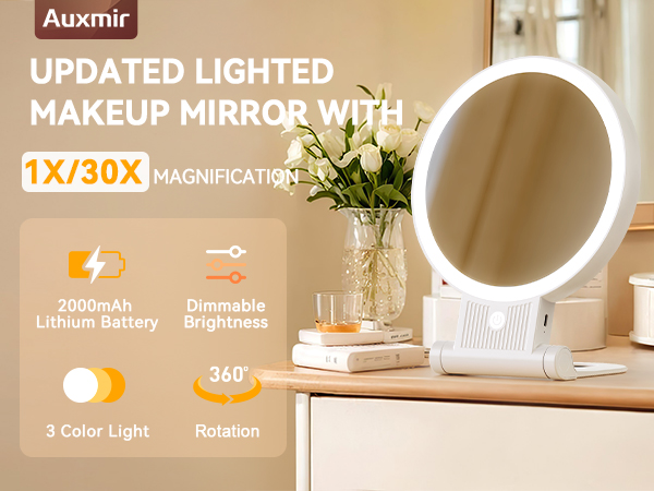 rechargeable lighted makeup mirror with 30x magnification