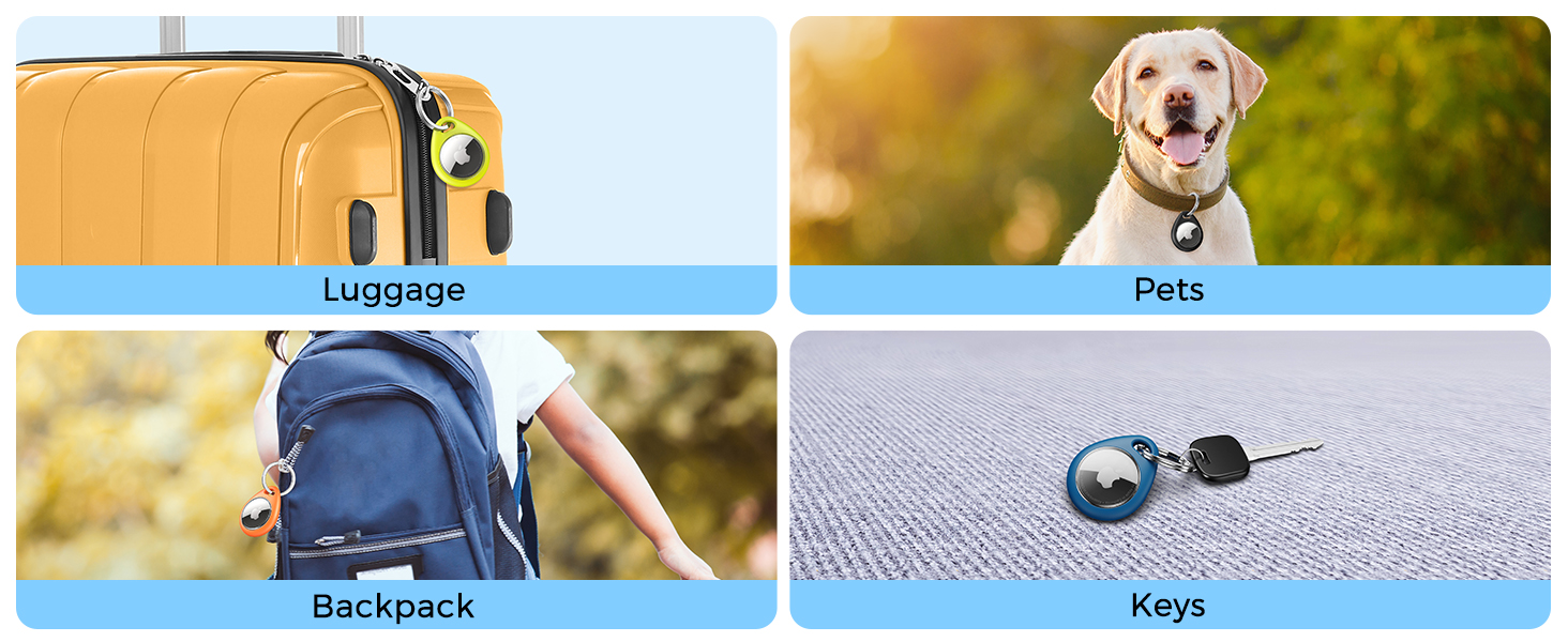 Four-panel image showcasing different items: yellow suitcase, golden retriever dog, blue backpack worn by person, and a spherical blue key fob with attached key on textured surface.