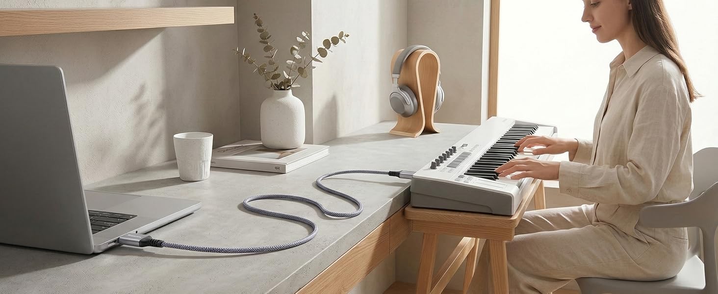 Girl playing a white MIDI keyboard connected to a laptop with a Ruaeoda USB A to B MIDI cable.