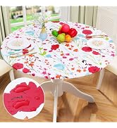 misaya Round Fitted Tablecloth with Elastic Edge, 100% Waterproof Oil Proof Plastic Table Cover, ...