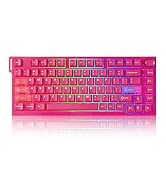 Pink-tinted mechanical keyboard with illuminated keys, shown from different angles displaying full layout and key arrangement.