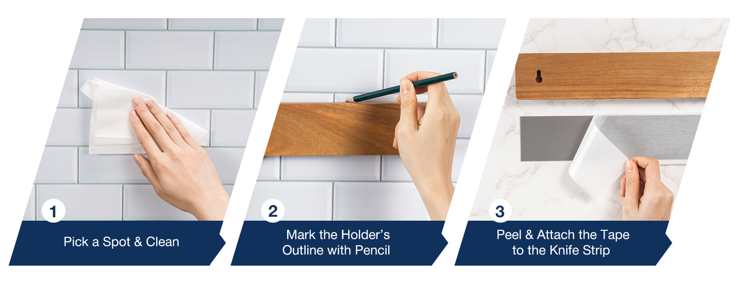 Magnetic knife holder installation options showing adhesive mount