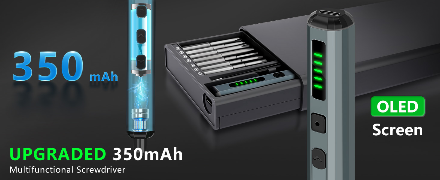 Electric screwdriver with 350mAh battery, OLED screen, and charging case. Blue metallic body, multiple bits in case, green battery indicator lights visible on tool and charger.