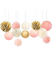AOBKIAT Birthday Party Decorations Set for Girls Women,12PCS Pink Gold Tissue Paper Pom Poms Lant...
