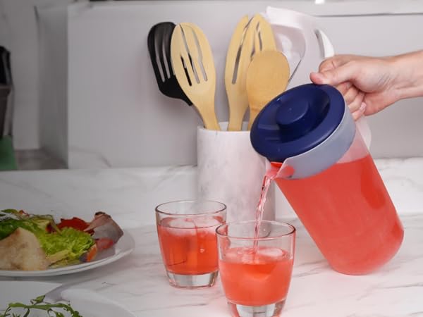 BPA-free 1 gallon water pitcher with flip-top spout, fridge-safe, easy-pour lid for cold drinks.