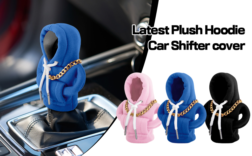 Text reads 'Latest Plush Hoodie Car Shifter cover'. Collection of plush gear shift covers in blue and pink colors displayed on car interior components.