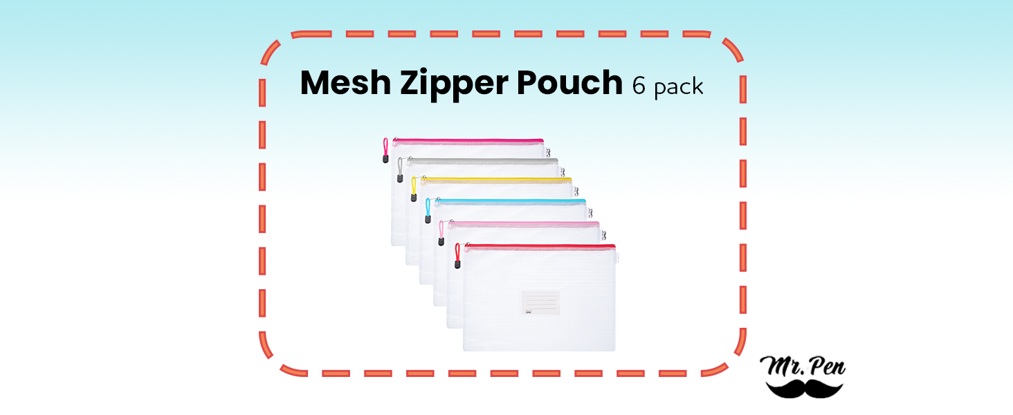 Mesh Zipper Pouch, A4, 6 Pack, Zipper Pouch with Label Pocket, Plastic Mesh Zipper