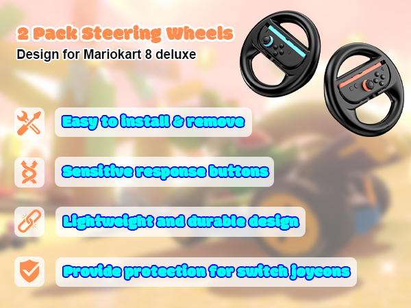 Two black steering wheel attachments for Nintendo Switch Joy-Cons. Features include easy installation, sensitive buttons, lightweight design, and protection for Joy-Cons. Compatible with Mario Kart 8 Deluxe.