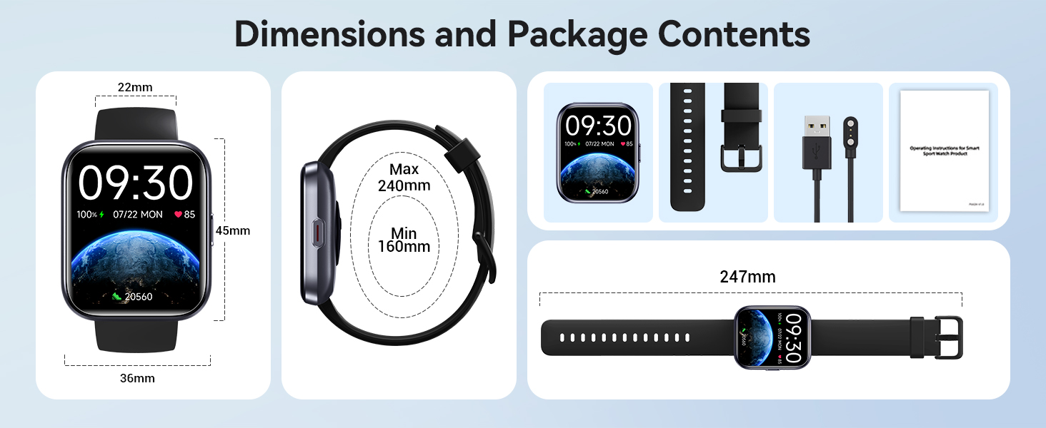 Text reads: 'Dimensions and Package Contents'. Technical diagram showing smartwatch specifications with multiple views of watch face, band, and included accessories.
