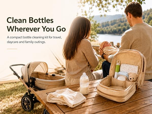 Compact bottle brush set for travel and family outings