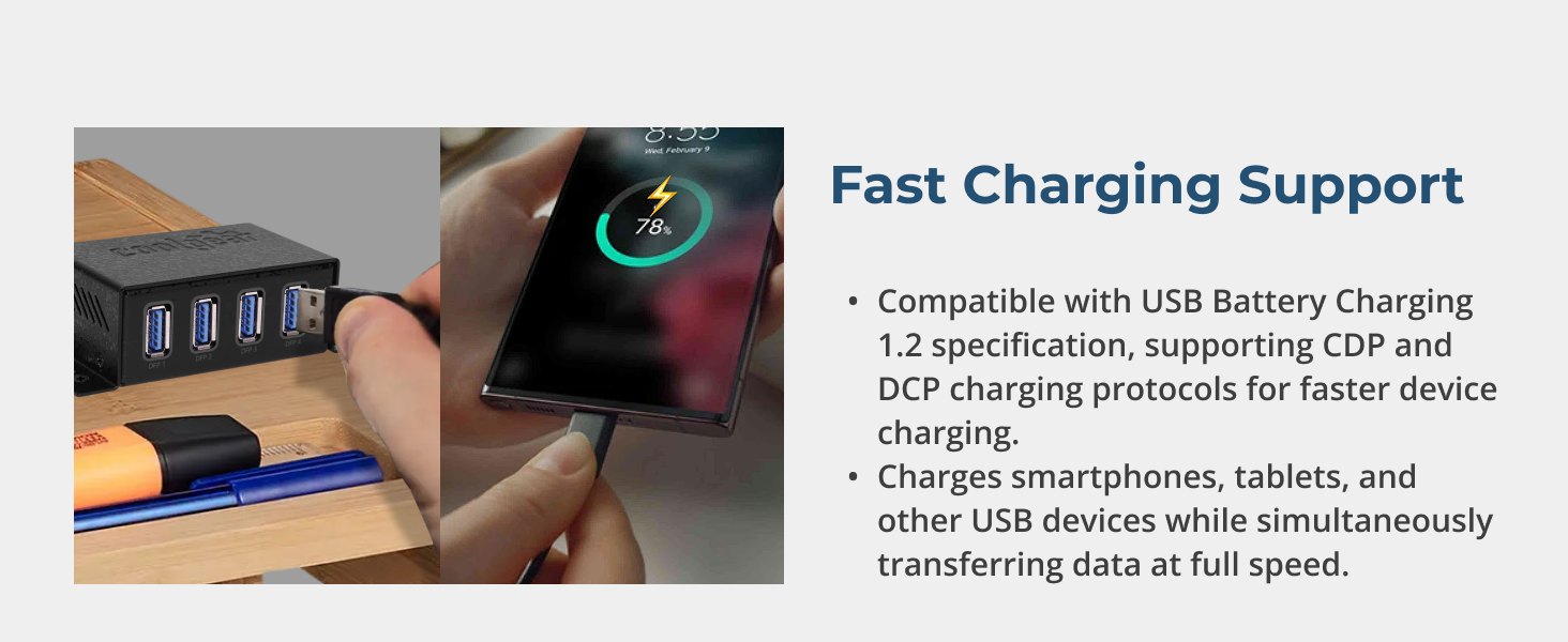 USB charging hub supporting fast charging and data transfer for phones and tablets