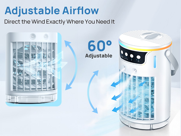 Adjust airflow on this desk top ac and direct 60° precise cooling where needed