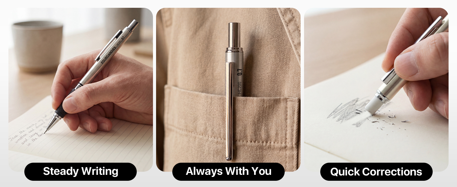 Consistent lead advancement, metal clip, built-in eraser